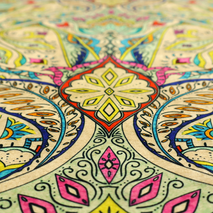 Vibrant bohemian paisley fabric with an intricate damask-style pattern featuring teal, yellow, pink, and orange motifs accented by bold black outlines on a warm cream background.