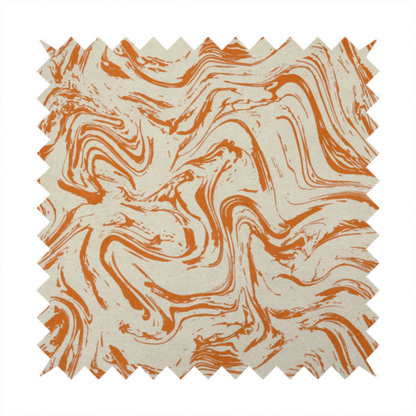 Abstract marbled fabric featuring fluid, organic swirls in a warm burnt orange colour over a textured cream-colored background.