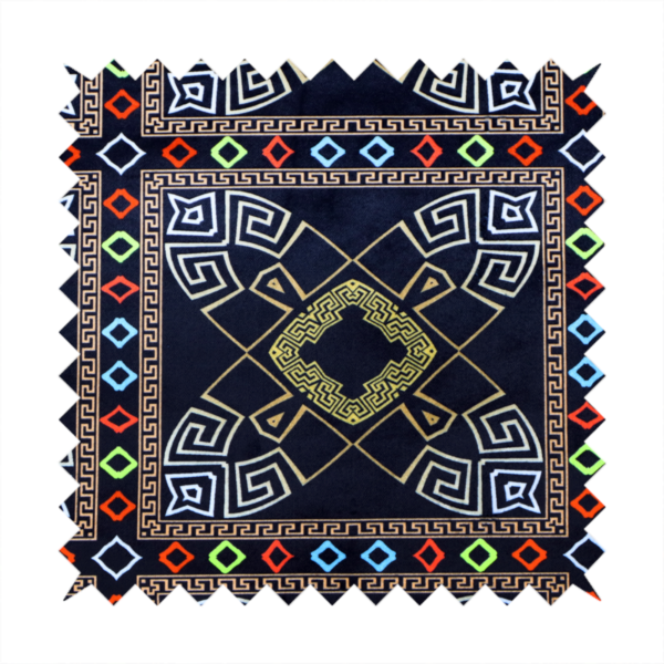 Luxury black fabric featuring a structured gold Greek Key and geometric medallion pattern, bordered by a vibrant row of small neon red, green, and blue diamond shapes.