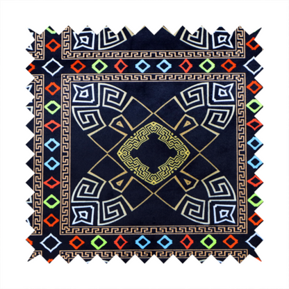 Luxury black fabric featuring a structured gold Greek Key and geometric medallion pattern, bordered by a vibrant row of small neon red, green, and blue diamond shapes.