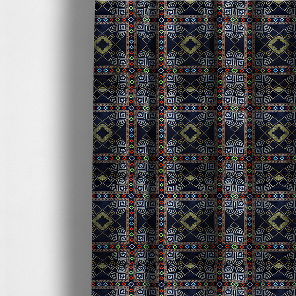 The fabric used to create these made-to-measure curtains is a luxury black fabric featuring a structured gold Greek Key and geometric medallion pattern, bordered by a vibrant row of small neon red, green, and blue diamond shapes.