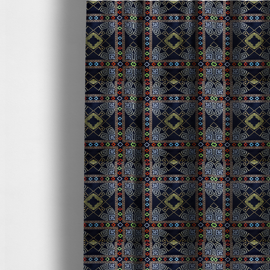 The fabric used to create these made-to-measure curtains is a luxury black fabric featuring a structured gold Greek Key and geometric medallion pattern, bordered by a vibrant row of small neon red, green, and blue diamond shapes.