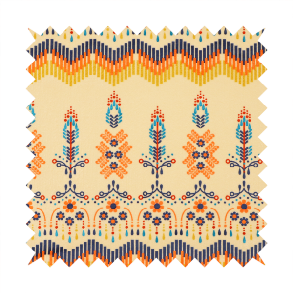 Folk-art style fabric featuring horizontal rows of stylized orange and navy floral pillars and geometric chevron borders on a warm cream background