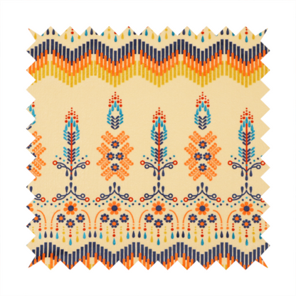 Folk-art style fabric featuring horizontal rows of stylized orange and navy floral pillars and geometric chevron borders on a warm cream background