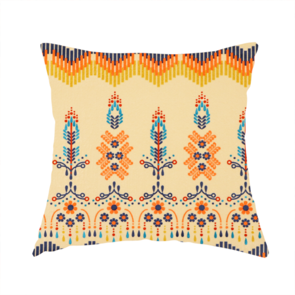 The fabric used to create this handmade cushion is a folk-art style fabric featuring horizontal rows of stylized orange and navy floral pillars and geometric chevron borders on a warm cream background