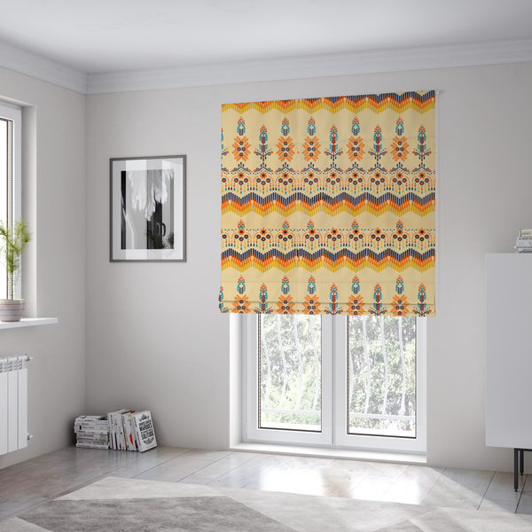 The fabric used to create these Roman blinds is a folk-art style fabric featuring horizontal rows of stylized orange and navy floral pillars and geometric chevron borders on a warm cream background