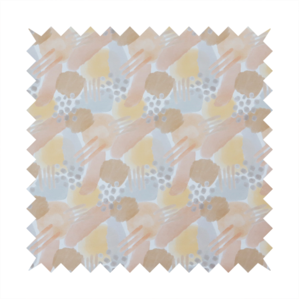A dreamy, minimalist textile print featuring overlapping translucent washes of pastel colours. Soft blush and buttercup yellow shapes are layered with dusty blue blocks, delicate stippled dot patterns, and thin diagonal lines, creating a rhythmic yet airy impressionist design.