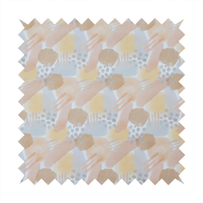 A dreamy, minimalist textile print featuring overlapping translucent washes of pastel colours. Soft blush and buttercup yellow shapes are layered with dusty blue blocks, delicate stippled dot patterns, and thin diagonal lines, creating a rhythmic yet airy impressionist design.