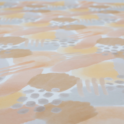 A dreamy, minimalist textile print featuring overlapping translucent washes of pastel colours. Soft blush and buttercup yellow shapes are layered with dusty blue blocks, delicate stippled dot patterns, and thin diagonal lines, creating a rhythmic yet airy impressionist design.