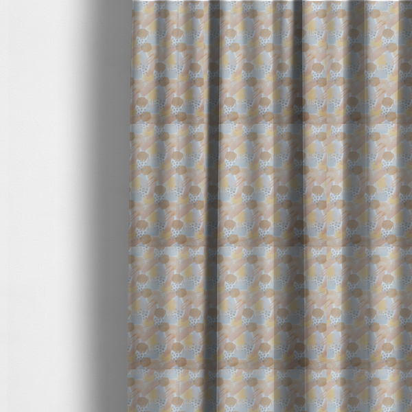 The fabric used to create these made-to-measure curtains is a dreamy, minimalist textile print featuring overlapping translucent washes of pastel colours. Soft blush and buttercup yellow shapes are layered with dusty blue blocks, delicate stippled dot patterns, and thin diagonal lines, creating a rhythmic yet airy impressionist design.