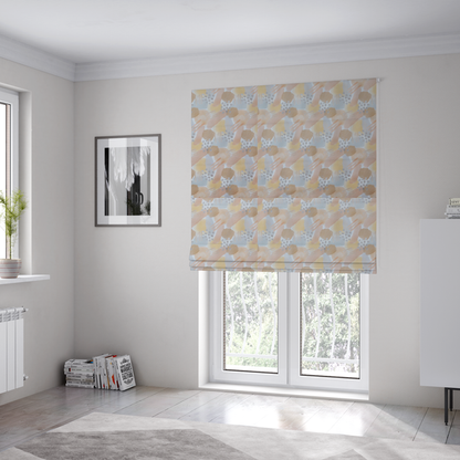 The fabric used to create these Roman blinds is a dreamy, minimalist textile print featuring overlapping translucent washes of pastel colours. Soft blush and buttercup yellow shapes are layered with dusty blue blocks, delicate stippled dot patterns, and thin diagonal lines, creating a rhythmic yet airy impressionist design.
