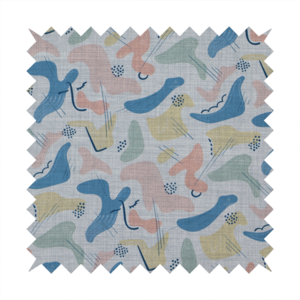 Abstract mid-century modern fabric featuring fluid organic shapes in dusty blue, blush pink, and mustard yellow with fine black line accents and stippled dot clusters on a light grey linen-textured background.