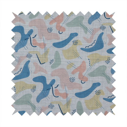 Abstract mid-century modern fabric featuring fluid organic shapes in dusty blue, blush pink, and mustard yellow with fine black line accents and stippled dot clusters on a light grey linen-textured background.