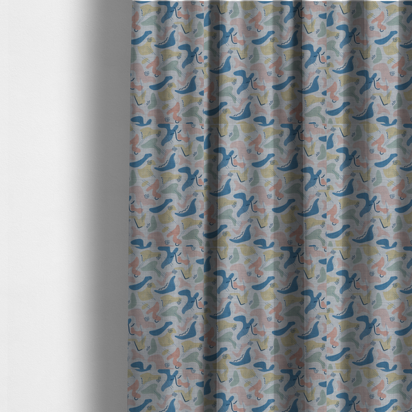 The fabric used to create these made-to-measure curtains is a abstract mid-century modern fabric featuring fluid organic shapes in dusty blue, blush pink, and mustard yellow with fine black line accents and stippled dot clusters on a light grey linen-textured background.