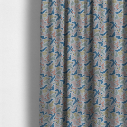 The fabric used to create these made-to-measure curtains is a abstract mid-century modern fabric featuring fluid organic shapes in dusty blue, blush pink, and mustard yellow with fine black line accents and stippled dot clusters on a light grey linen-textured background.