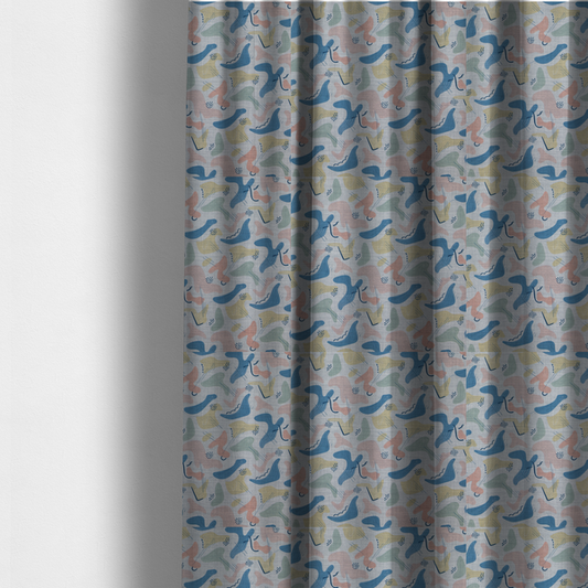 The fabric used to create these made-to-measure curtains is a abstract mid-century modern fabric featuring fluid organic shapes in dusty blue, blush pink, and mustard yellow with fine black line accents and stippled dot clusters on a light grey linen-textured background.