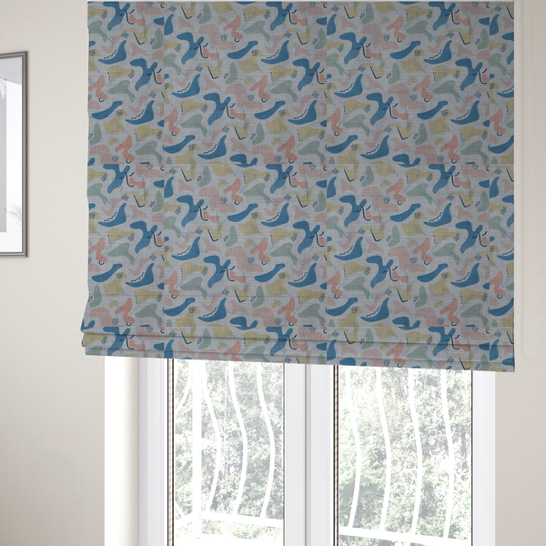 The fabric used to create these Roman blinds is a abstract mid-century modern fabric featuring fluid organic shapes in dusty blue, blush pink, and mustard yellow with fine black line accents and stippled dot clusters on a light grey linen-textured background.