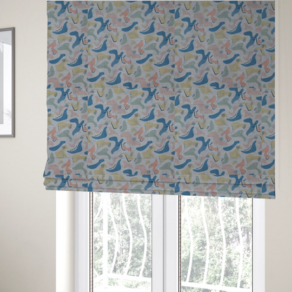 The fabric used to create these Roman blinds is a abstract mid-century modern fabric featuring fluid organic shapes in dusty blue, blush pink, and mustard yellow with fine black line accents and stippled dot clusters on a light grey linen-textured background.