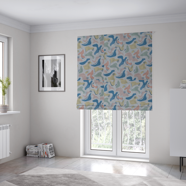 The fabric used to create these Roman blinds is a abstract mid-century modern fabric featuring fluid organic shapes in dusty blue, blush pink, and mustard yellow with fine black line accents and stippled dot clusters on a light grey linen-textured background.