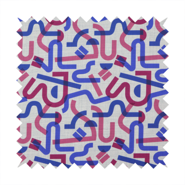 Abstract pattern of overlapping blue and magenta ribbon-like curves and geometric shapes on a light grey textured fabric, creating dark purple tones at intersections.