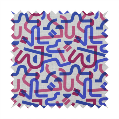 Abstract pattern of overlapping blue and magenta ribbon-like curves and geometric shapes on a light grey textured fabric, creating dark purple tones at intersections.