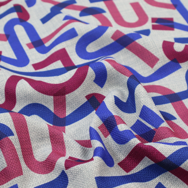 Abstract pattern of overlapping blue and magenta ribbon-like curves and geometric shapes on a light grey textured fabric, creating dark purple tones at intersections.