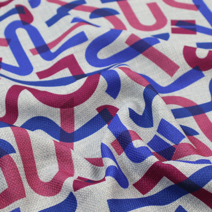 Abstract pattern of overlapping blue and magenta ribbon-like curves and geometric shapes on a light grey textured fabric, creating dark purple tones at intersections.