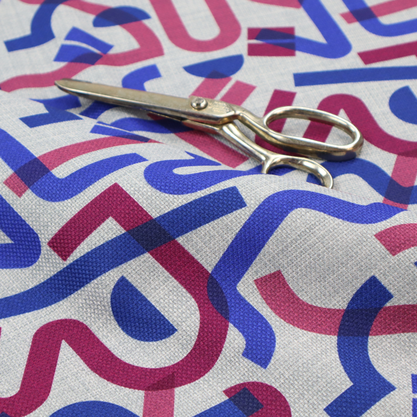 Abstract pattern of overlapping blue and magenta ribbon-like curves and geometric shapes on a light grey textured fabric, creating dark purple tones at intersections.