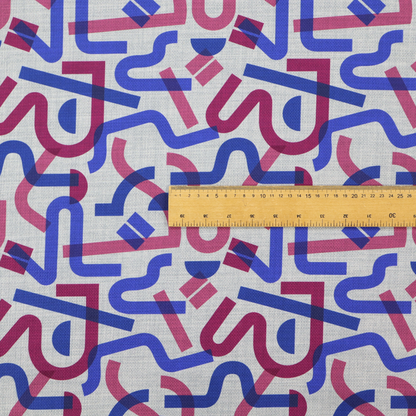 Abstract pattern of overlapping blue and magenta ribbon-like curves and geometric shapes on a light grey textured fabric, creating dark purple tones at intersections.