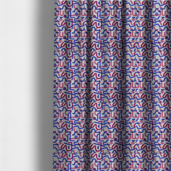The fabric used to create these made-to-measure curtains is an abstract pattern of overlapping blue and magenta ribbon-like curves and geometric shapes on a light grey textured fabric, creating dark purple tones at intersections.