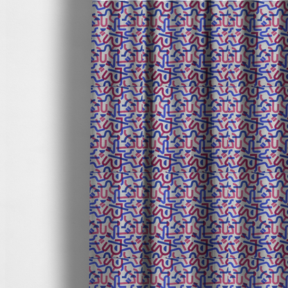 The fabric used to create these made-to-measure curtains is an abstract pattern of overlapping blue and magenta ribbon-like curves and geometric shapes on a light grey textured fabric, creating dark purple tones at intersections.