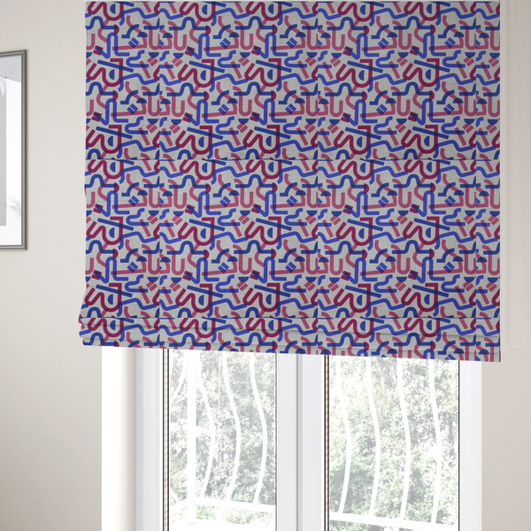 The fabric used to create these Roman blinds is an abstract pattern of overlapping blue and magenta ribbon-like curves and geometric shapes on a light grey textured fabric, creating dark purple tones at intersections.