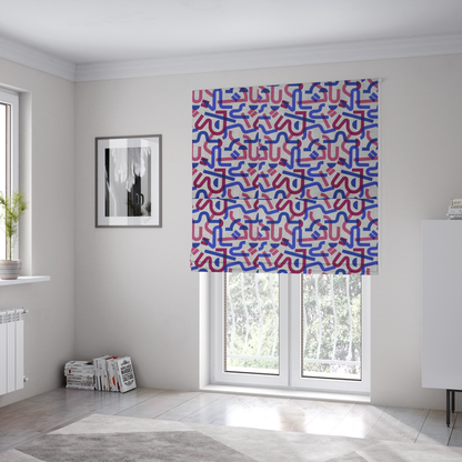 The fabric used to create these Roman blinds is an abstract pattern of overlapping blue and magenta ribbon-like curves and geometric shapes on a light grey textured fabric, creating dark purple tones at intersections.