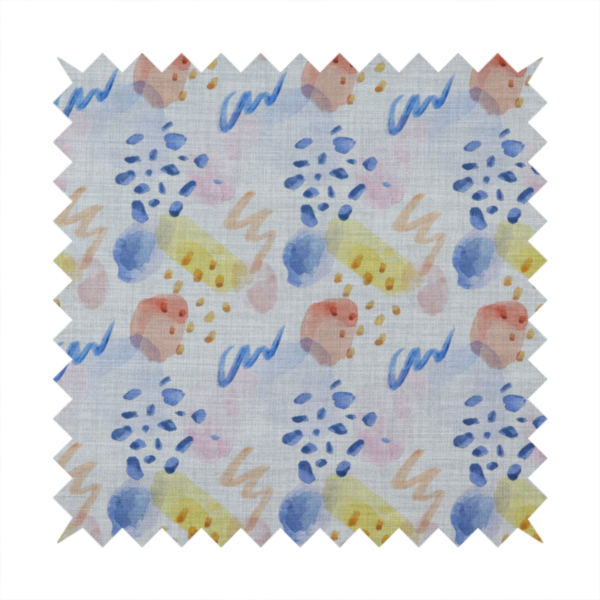 Abstract watercolour pattern of blue, ochre, and peach shapes with squiggly lines and navy dots on a light grey linen-textured background.