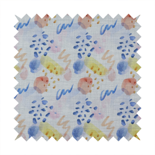 Abstract watercolour pattern of blue, ochre, and peach shapes with squiggly lines and navy dots on a light grey linen-textured background.