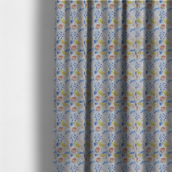The fabric used to create these made-to-measure curtains is an abstract watercolour pattern of blue, ochre, and peach shapes with squiggly lines and navy dots on a light grey linen-textured background.