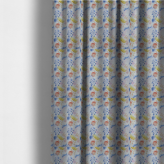 The fabric used to create these made-to-measure curtains is an abstract watercolour pattern of blue, ochre, and peach shapes with squiggly lines and navy dots on a light grey linen-textured background.