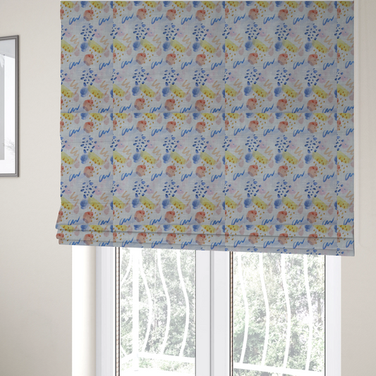 The fabric used to create these Roman blinds is an abstract watercolour pattern of blue, ochre, and peach shapes with squiggly lines and navy dots on a light grey linen-textured background.