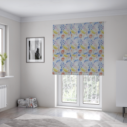 The fabric used to create these Roman blinds is an abstract watercolour pattern of blue, ochre, and peach shapes with squiggly lines and navy dots on a light grey linen-textured background.