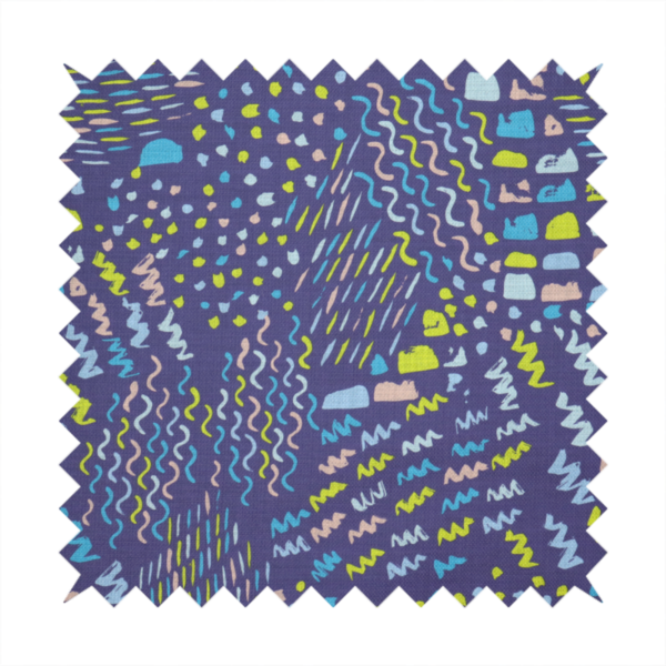 A dense abstract pattern featuring a variety of hand-drawn squiggles, dots, and dashes in bright, contrasting tones scattered across a deep, dark-coloured textured fabric.