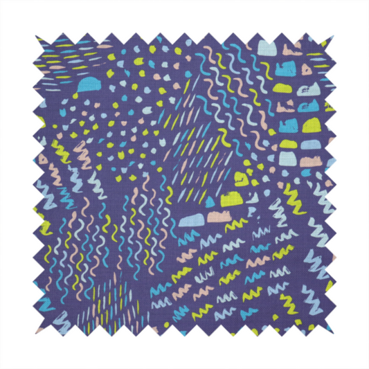 A dense abstract pattern featuring a variety of hand-drawn squiggles, dots, and dashes in bright, contrasting tones scattered across a deep, dark-coloured textured fabric.