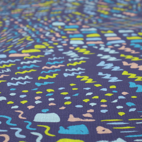 A dense abstract pattern featuring a variety of hand-drawn squiggles, dots, and dashes in bright, contrasting tones scattered across a deep, dark-coloured textured fabric.