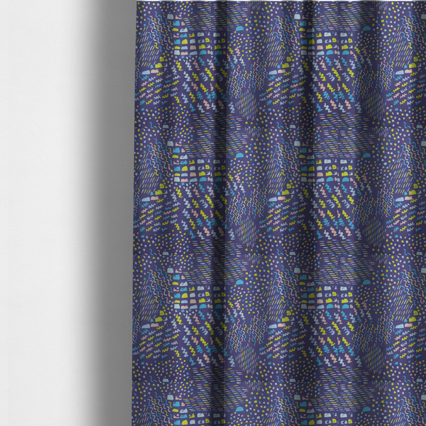The fabric used to create these made-to-measure curtains is a dense abstract pattern featuring a variety of hand-drawn squiggles, dots, and dashes in bright, contrasting tones scattered across a deep, dark-coloured textured fabric.