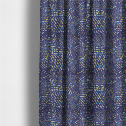 The fabric used to create these made-to-measure curtains is a dense abstract pattern featuring a variety of hand-drawn squiggles, dots, and dashes in bright, contrasting tones scattered across a deep, dark-coloured textured fabric.