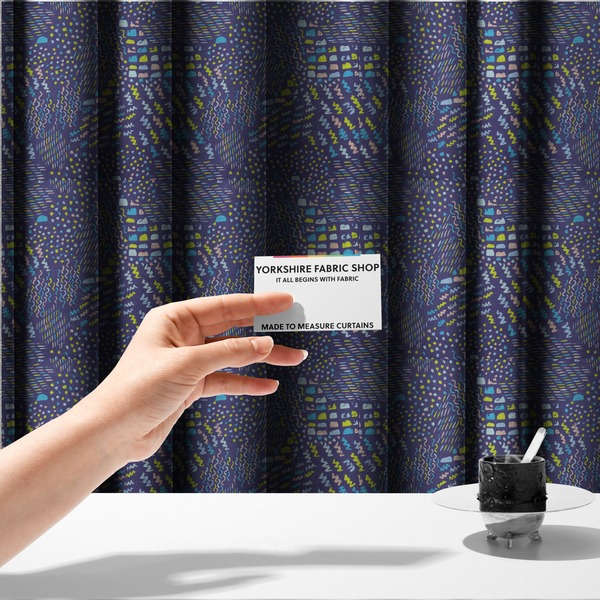 The fabric used to create these made-to-measure curtains is a dense abstract pattern featuring a variety of hand-drawn squiggles, dots, and dashes in bright, contrasting tones scattered across a deep, dark-coloured textured fabric.