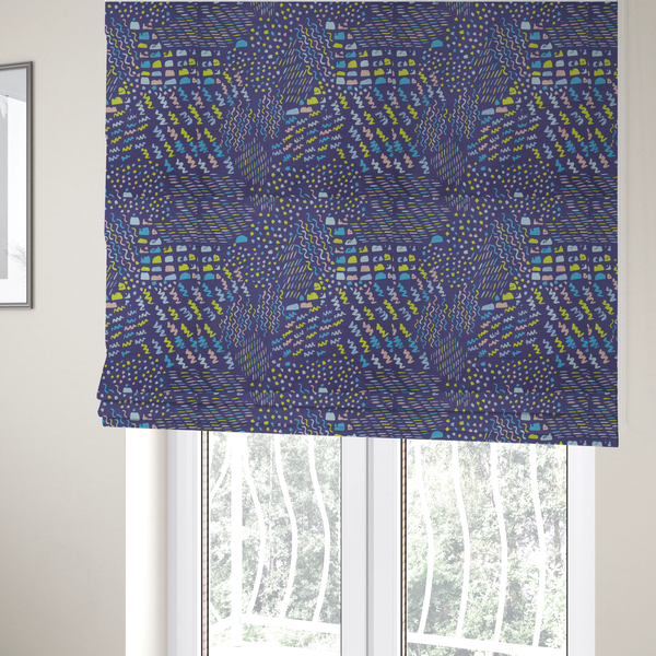The fabric used to create these Roman blinds is a dense abstract pattern featuring a variety of hand-drawn squiggles, dots, and dashes in bright, contrasting tones scattered across a deep, dark-coloured textured fabric.