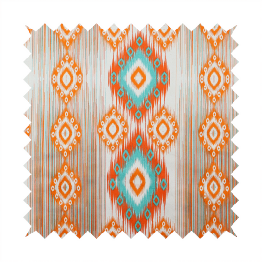 A striking geometric fabric featuring vibrant diamond medallions with blurred, ikat-style edges layered over a dynamic pattern of fine vertical streaks on a light background.