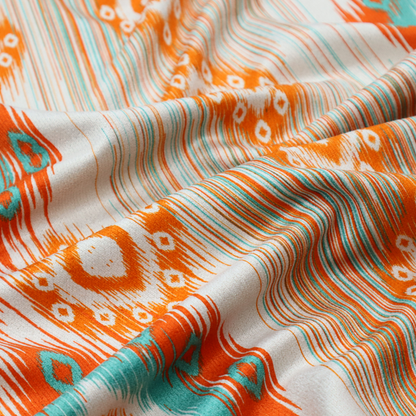 A striking geometric fabric featuring vibrant diamond medallions with blurred, ikat-style edges layered over a dynamic pattern of fine vertical streaks on a light background.