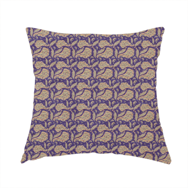 The fabric used to create this handmade cushion is a dense, intricate upholstery fabric featuring a traditional paisley teardrop pattern with delicate ornamental linework repeating across a deep, dark-toned background.