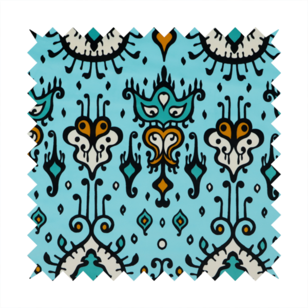 A symmetrical folk-art pattern featuring large ornamental medallions and vertical tribal motifs with feathered, ikat-inspired edges on a solid, light-toned background.
